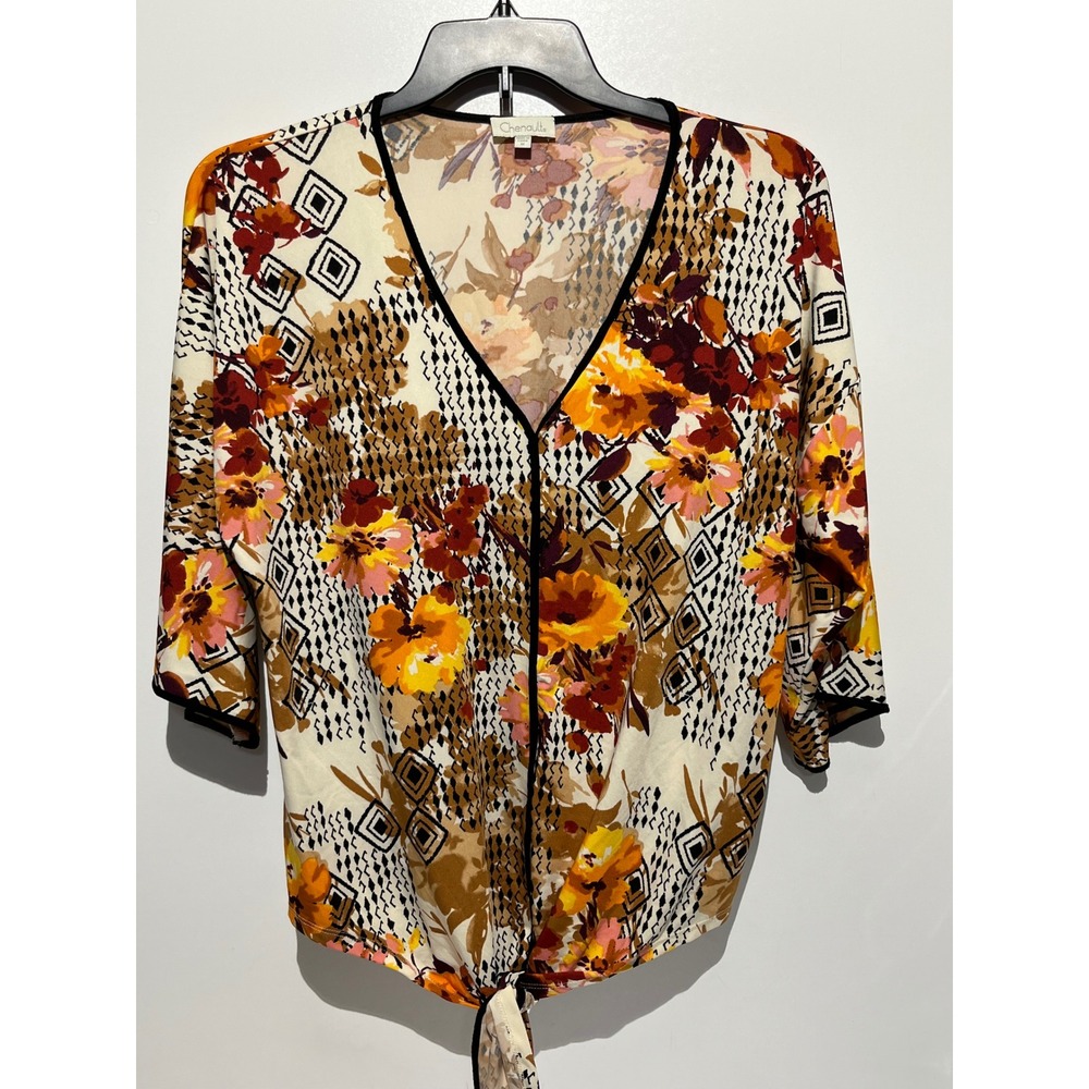 Chenault Floral Geometric Tie Front V-Neck 3/4 Sleeve Blouse Medium Multicolor